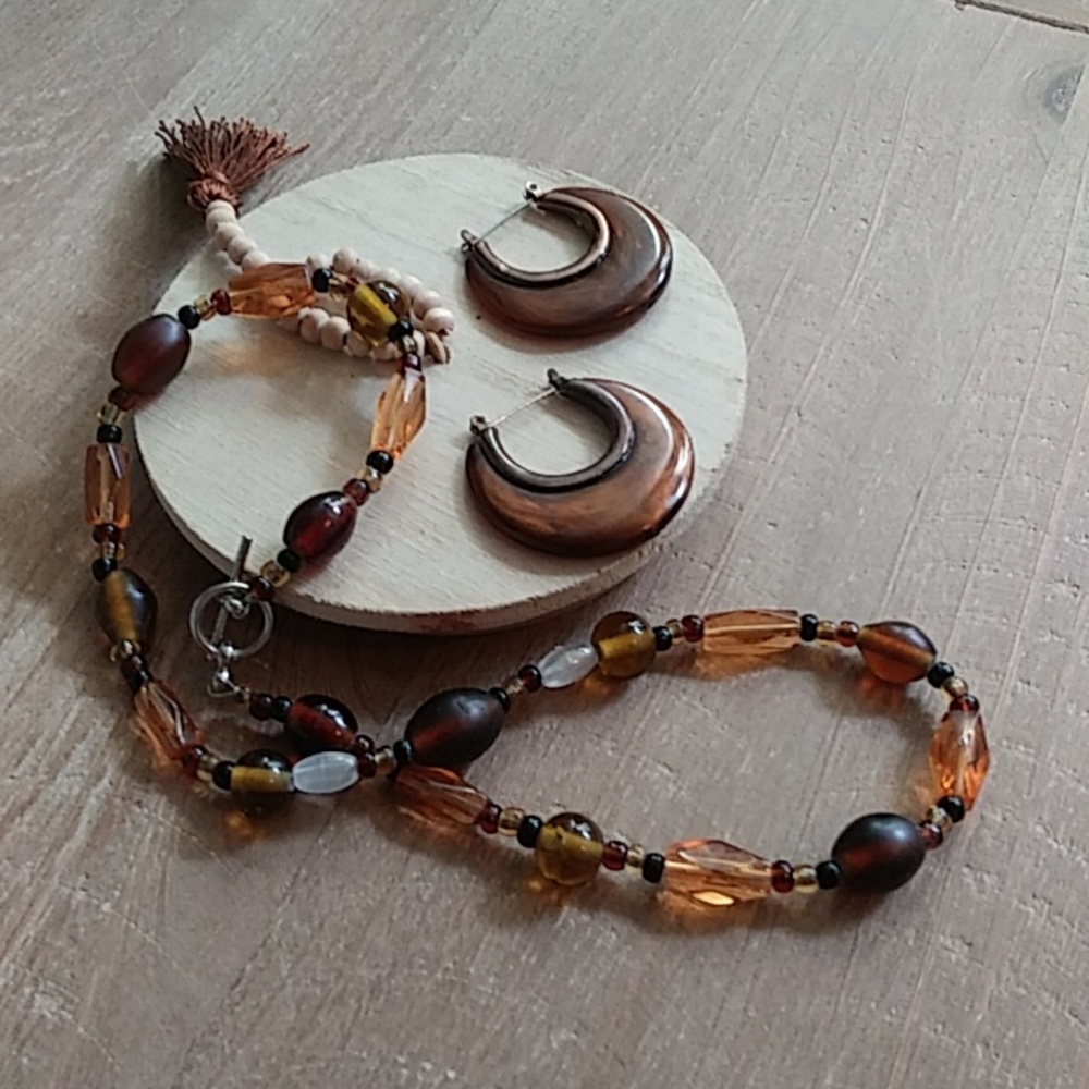 Brown Boho Stament Earrings Hoops & Brown  Beaded Necklace - Picture 5 of 17